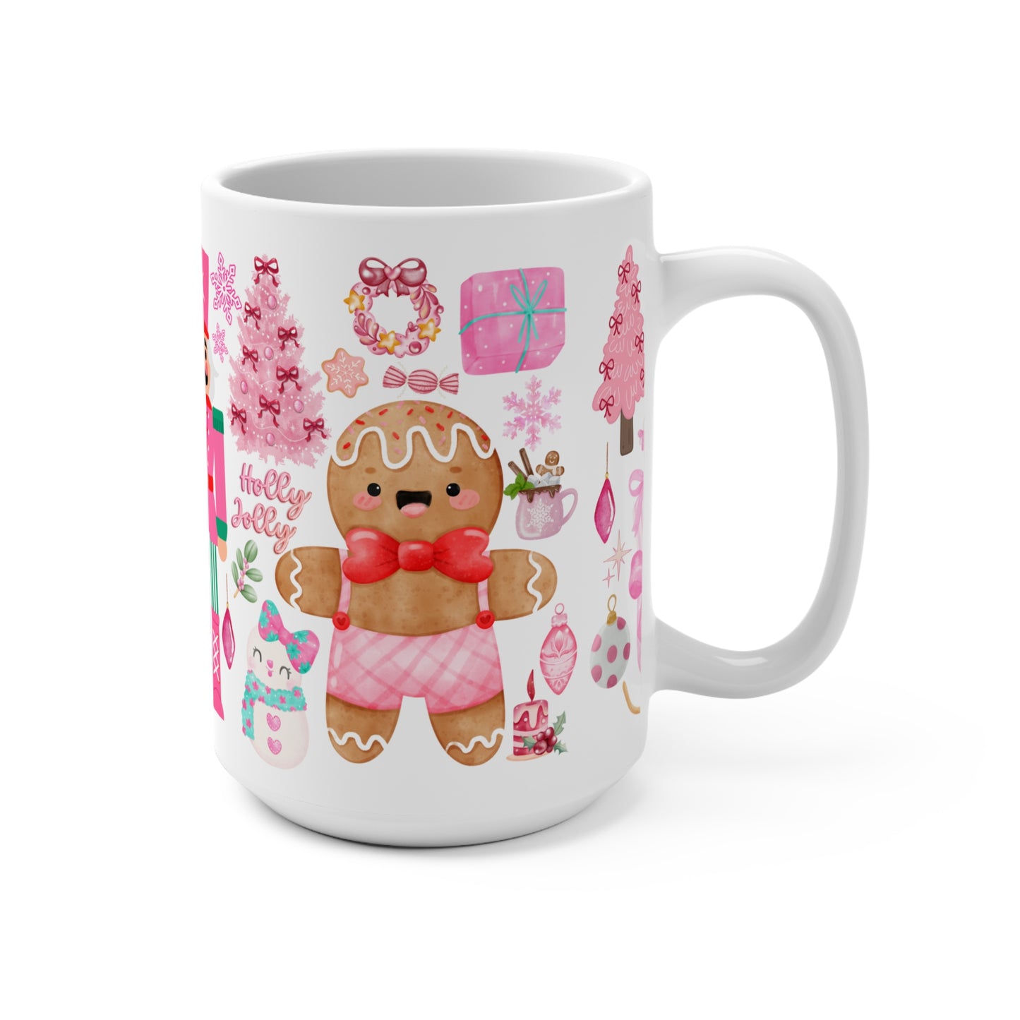 Pink Christmas Nutcracker & Gingerbread Holiday Mug — Festive Pink 15oz Coffee Cup