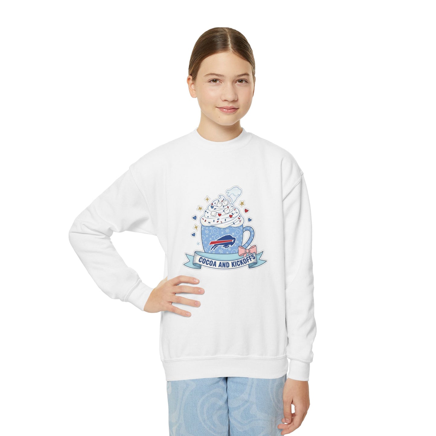 Youth Crewneck Sweatshirt - Cozy Buffalo Hot Cocoa Graphic with Whipped Cream & Stars