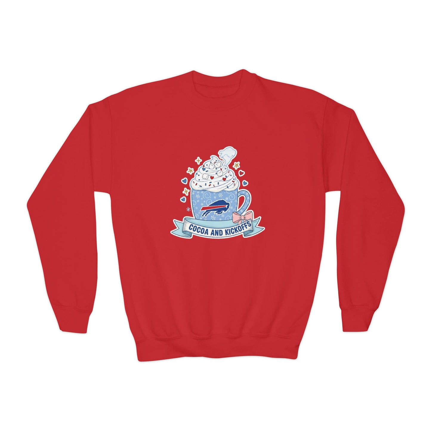 Youth Crewneck Sweatshirt - Cozy Buffalo Hot Cocoa Graphic with Whipped Cream & Stars