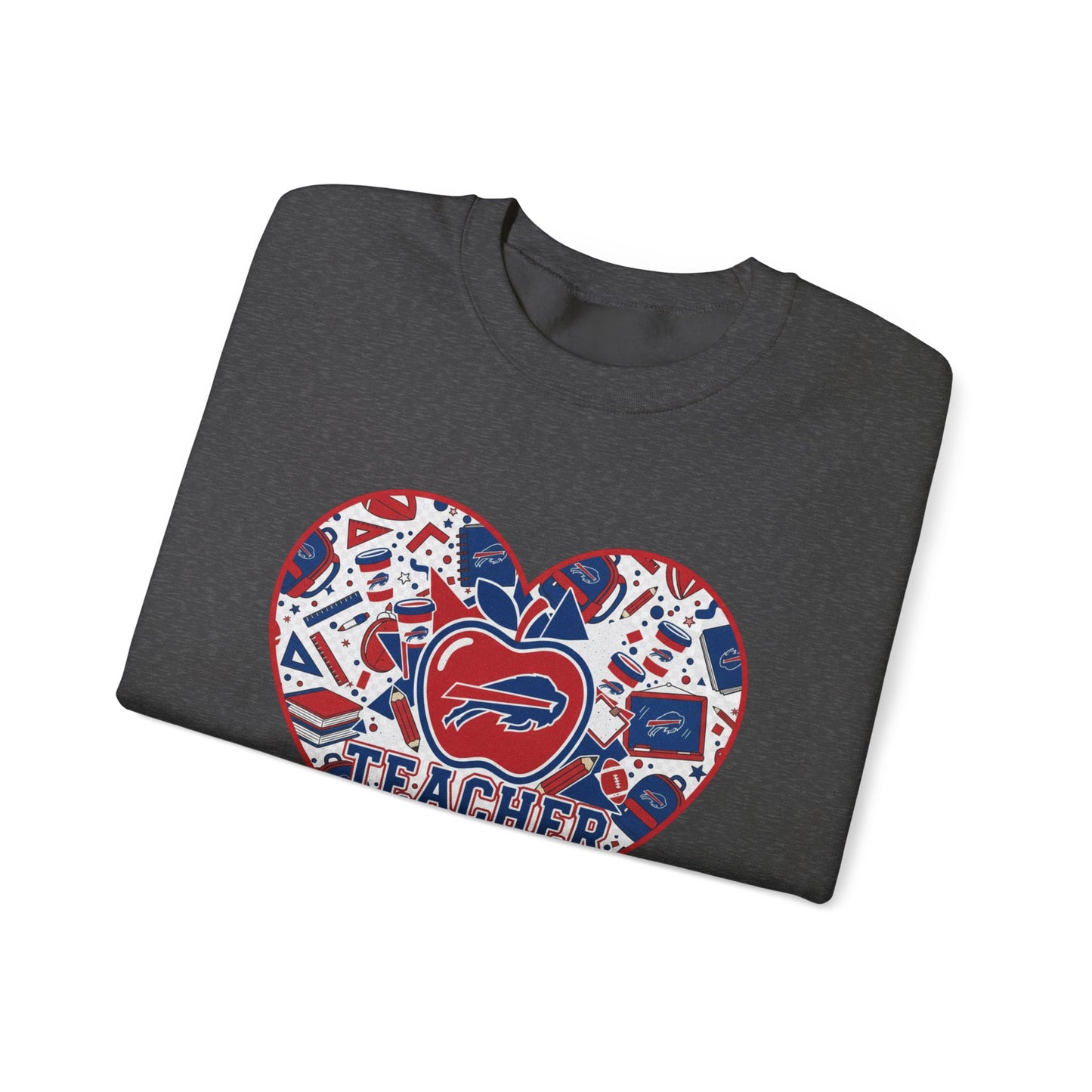 Teacher Crewneck Sweatshirt — Red & Blue Apple Graphic Teacher Pullover