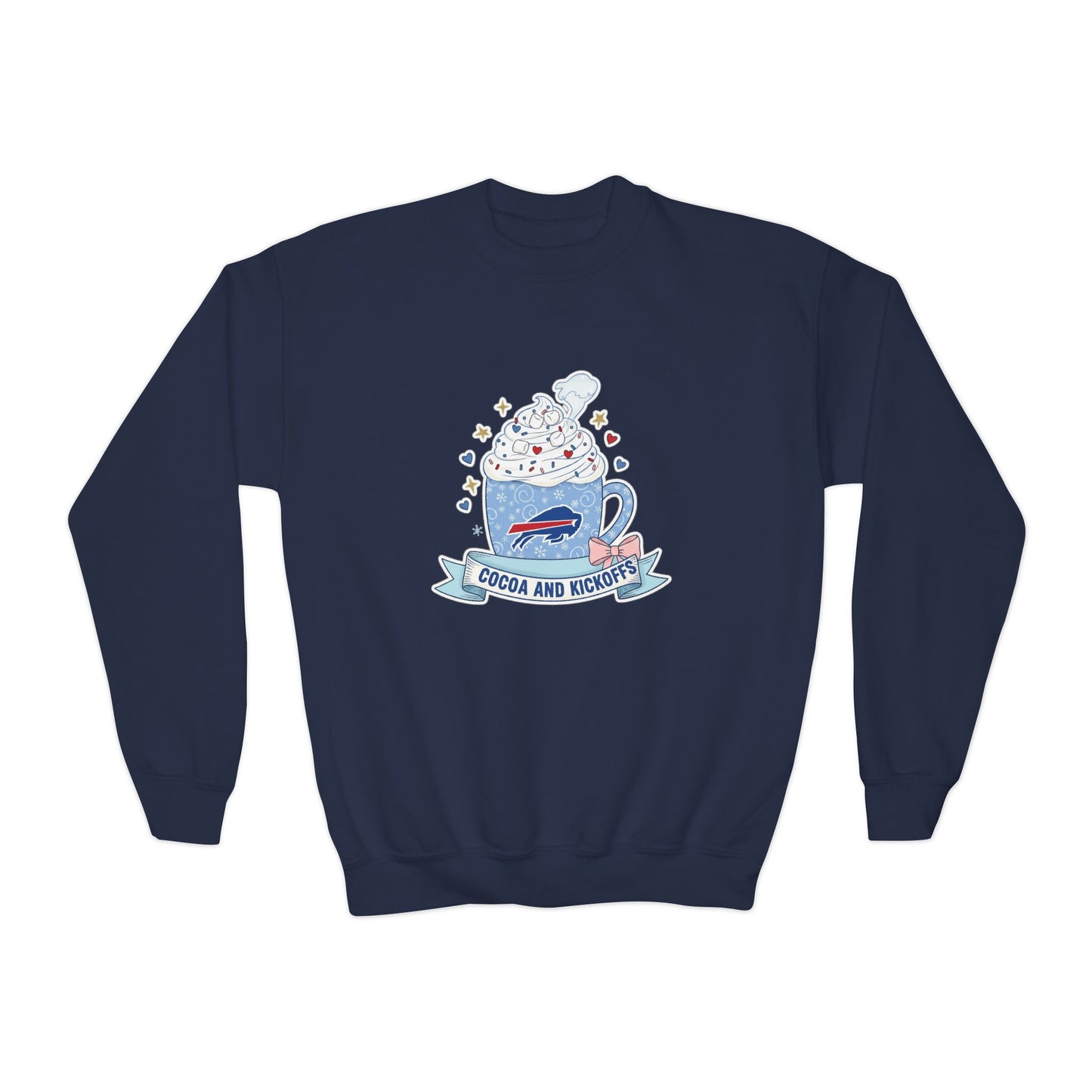 Youth Crewneck Sweatshirt - Cozy Buffalo Hot Cocoa Graphic with Whipped Cream & Stars