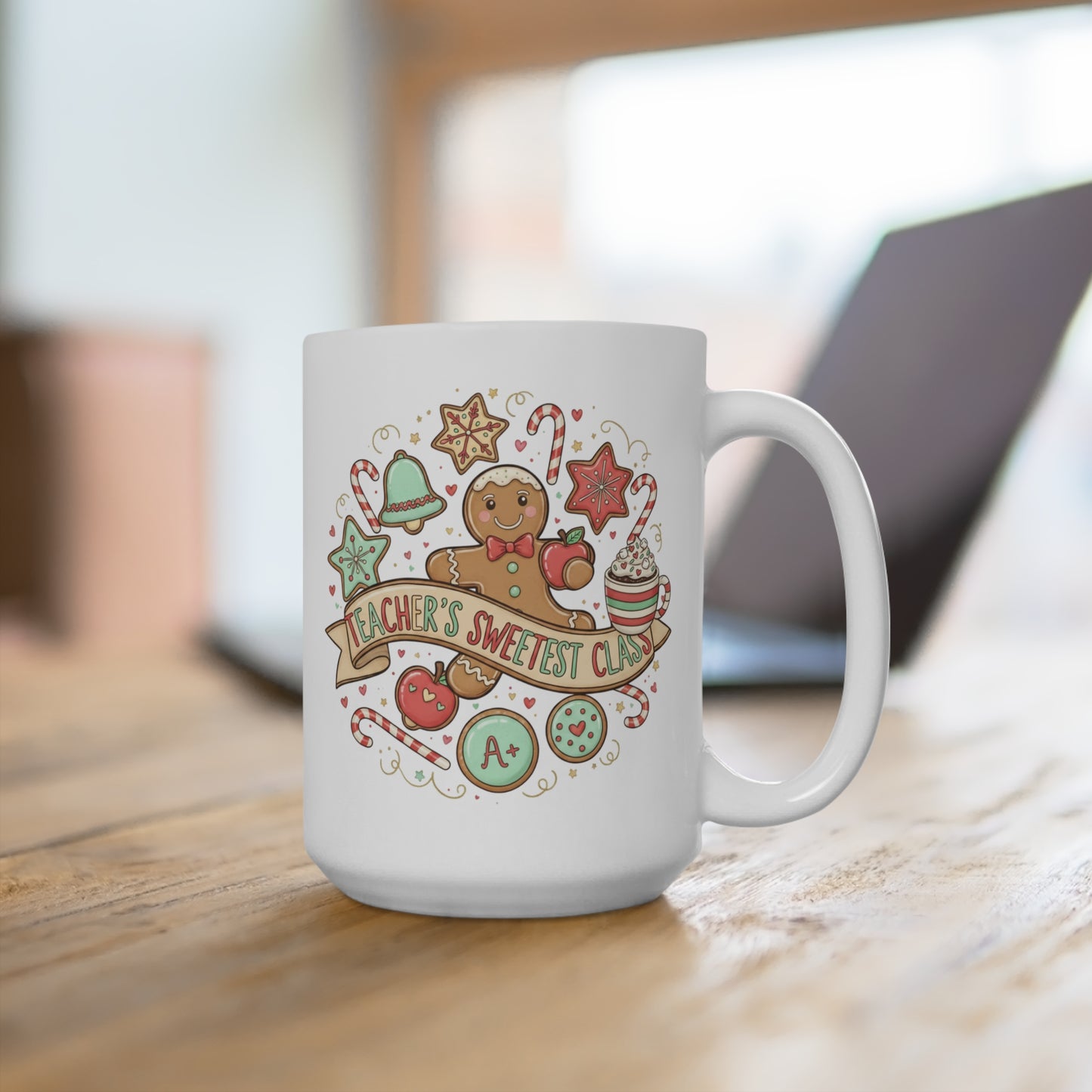Teacher's Sweetest Cup 15oz Christmas Mug — Gingerbread Holiday Gift for Teachers
