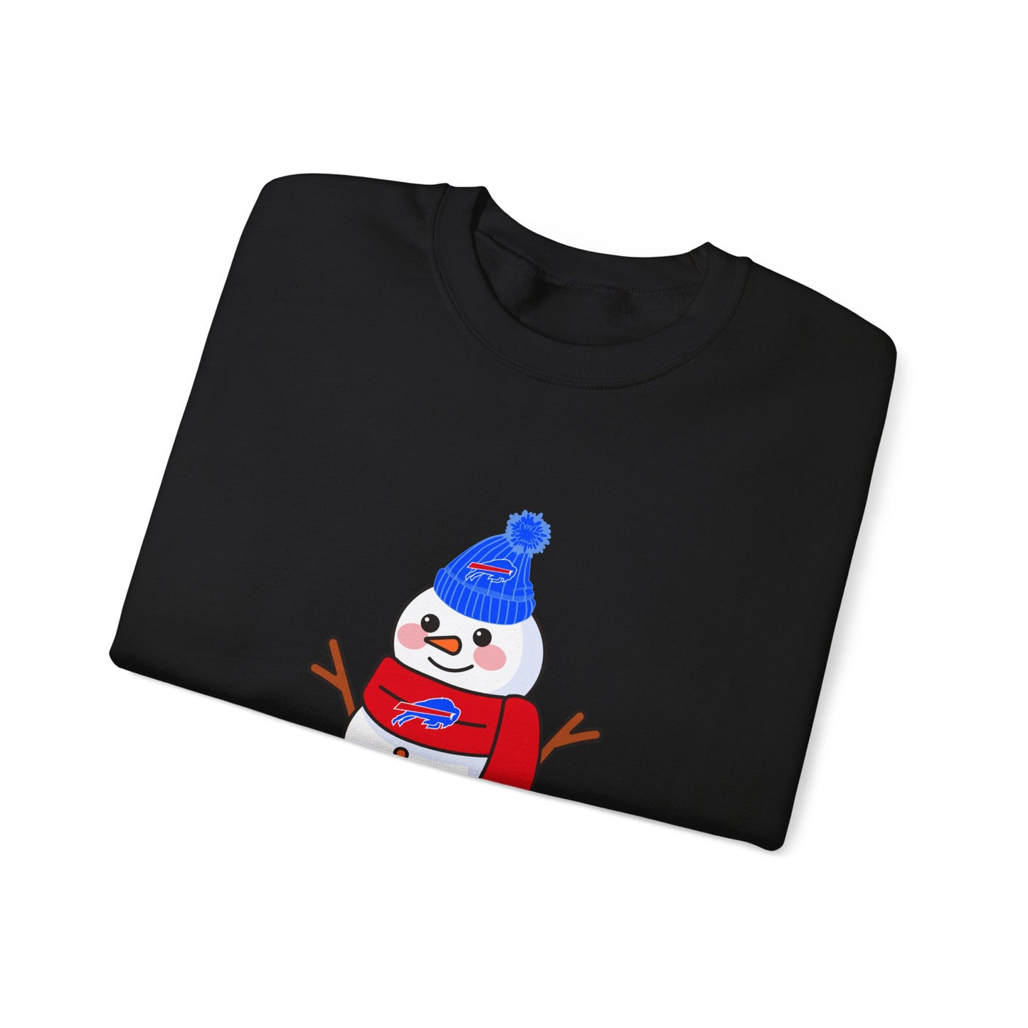 Buffalo Snowman Crewneck Sweatshirt – Cute Winter Snowman with Blue Beanie & Red Scarf