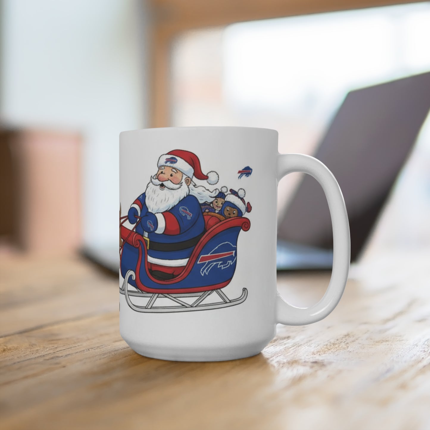 Christmas Santa Sleigh Mug — Buffalo Reindeer Holiday Coffee Cup 15oz