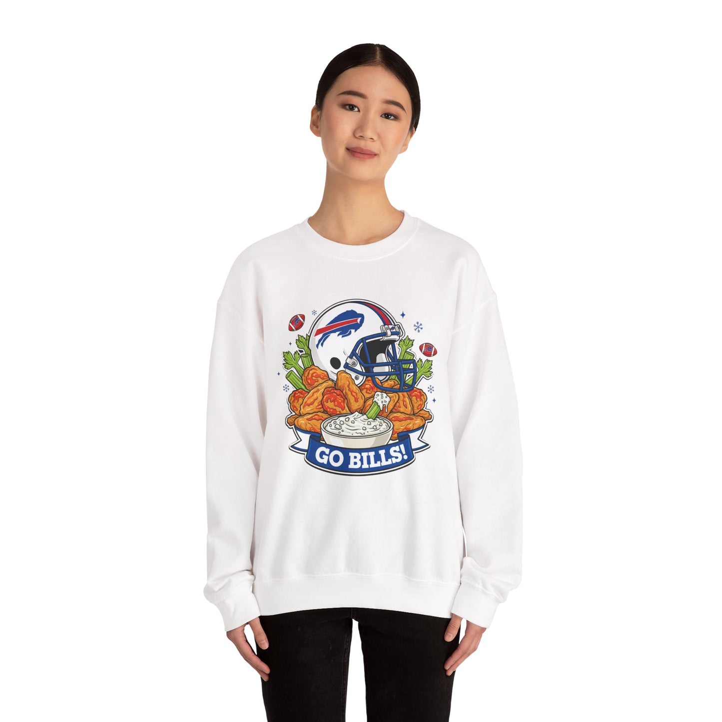 Buffalo Football Helmet & Wings Crewneck Sweatshirt — "Go Buffalo!" Fan Pullover