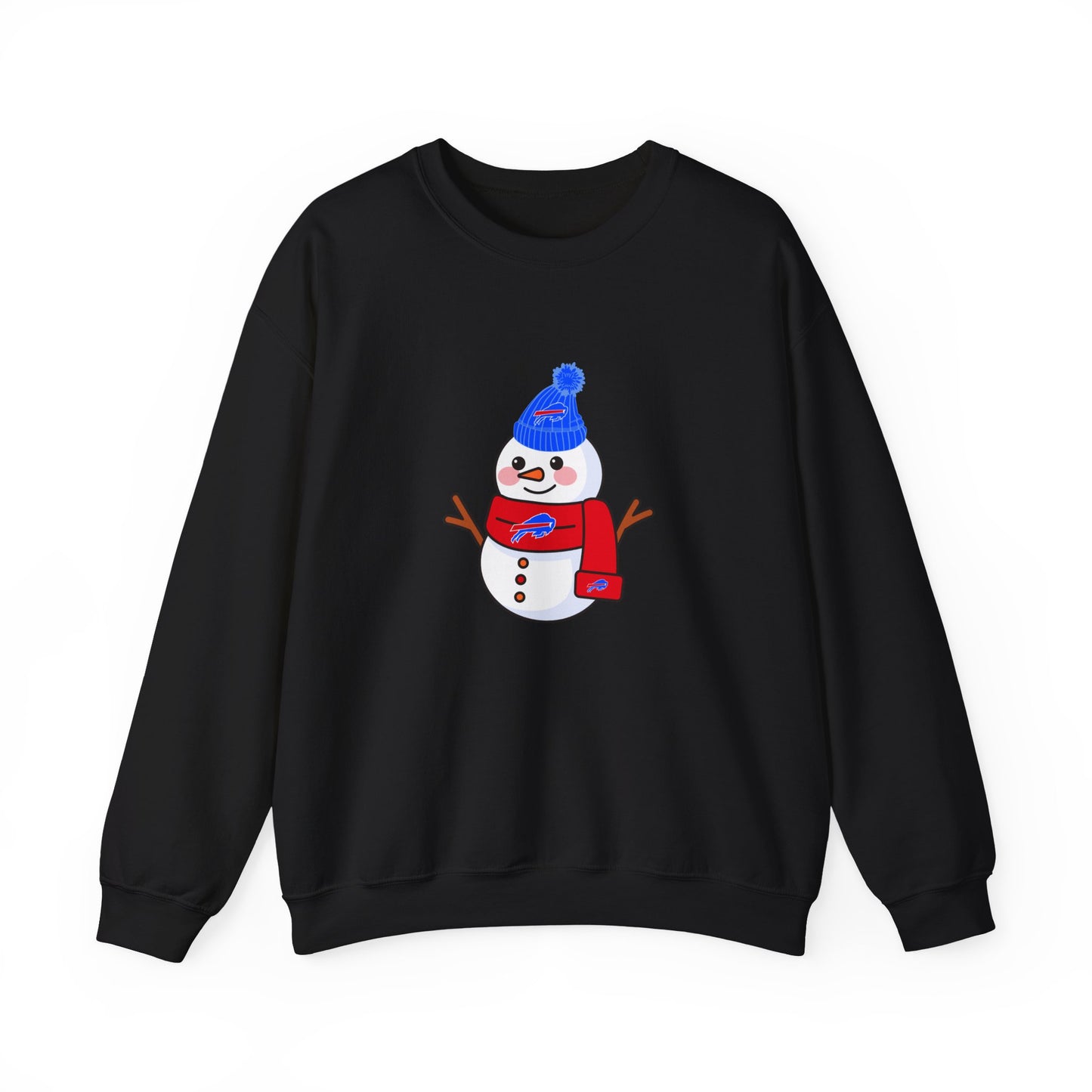 Buffalo Snowman Crewneck Sweatshirt – Cute Winter Snowman with Blue Beanie & Red Scarf