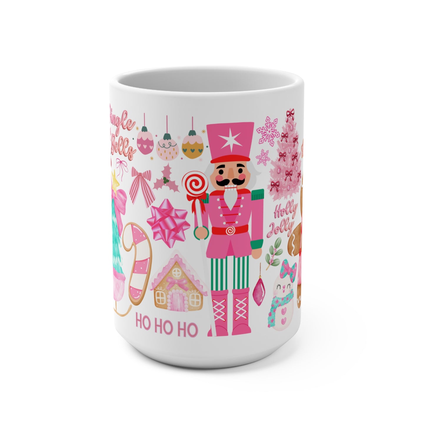 Pink Christmas Nutcracker & Gingerbread Holiday Mug — Festive Pink 15oz Coffee Cup