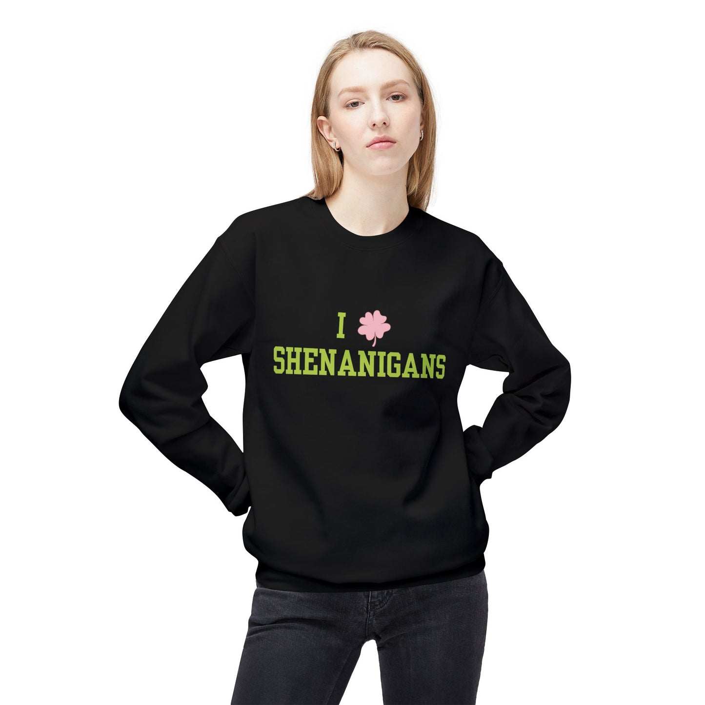 I Love Shenanigans Green Font Unisex Midweight Softstyle Fleece Crewneck Sweatshirt