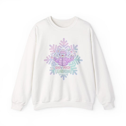 Snow Much Learning Crewneck Sweatshirt — Pastel Snowflake Snowman "Snow Much Fun"