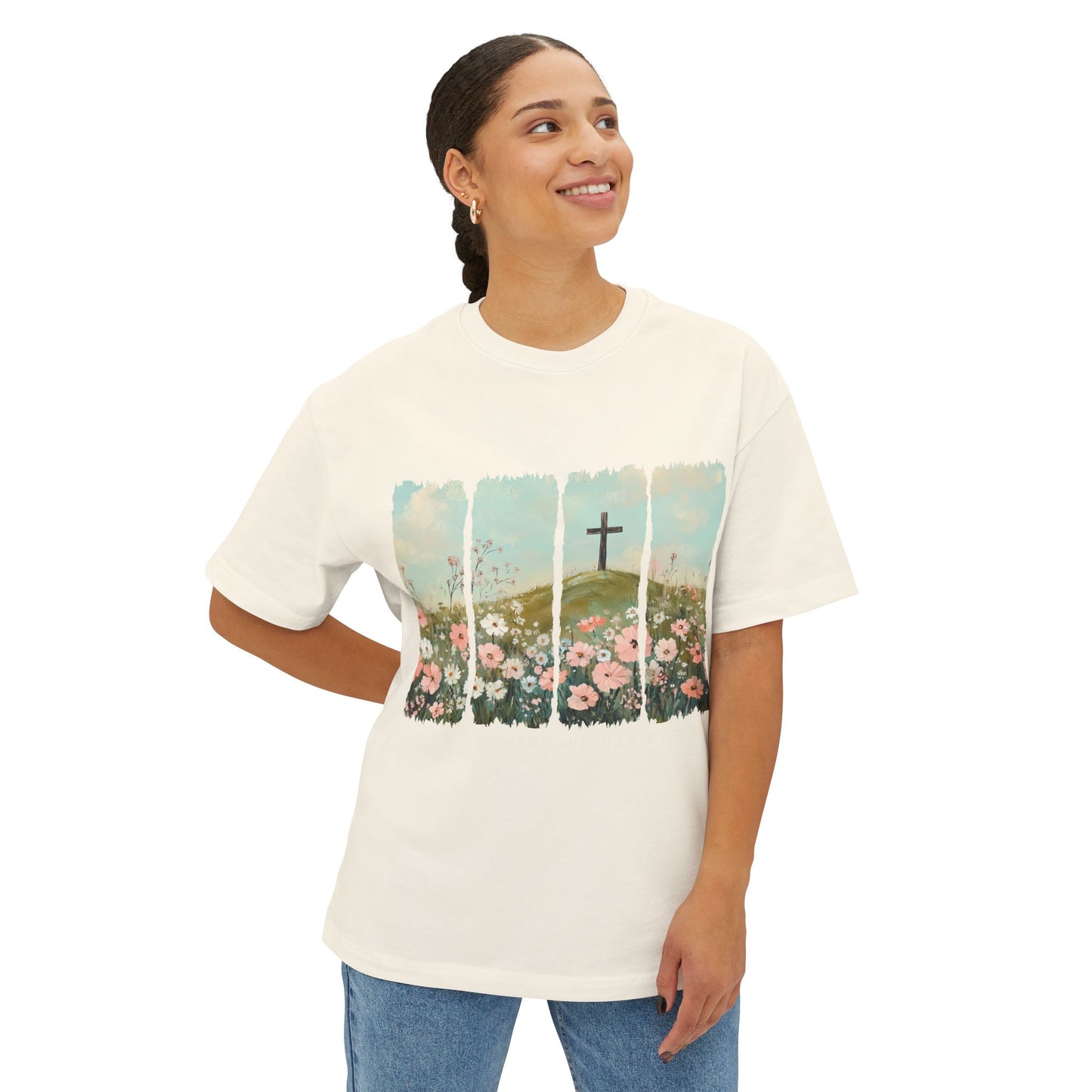 Faith-Inspired Oversized Boxy Tee with Floral Design