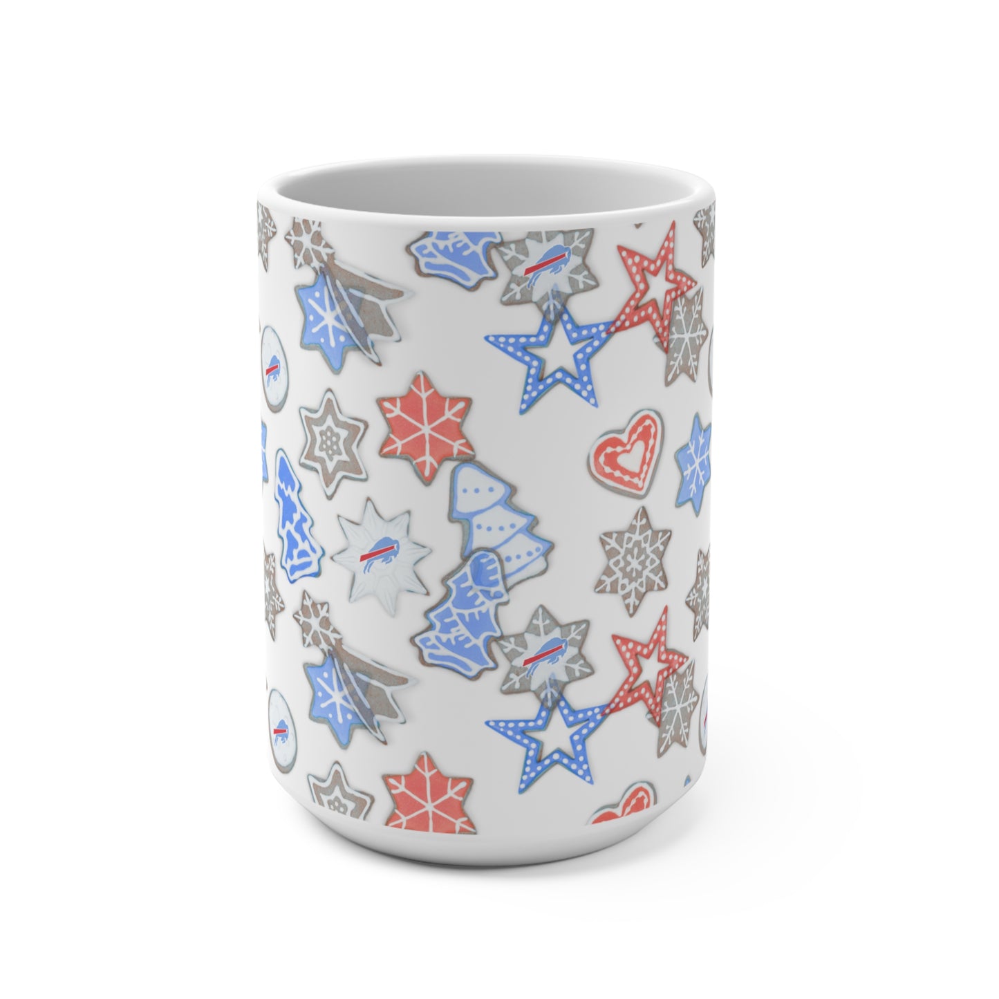 15oz Ceramic Mug — Buffalo Red, White & Blue Holiday Cookies
